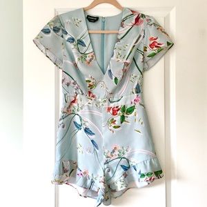 Bebe Blue & Floral Romper, Size 4/S, Satin Finish